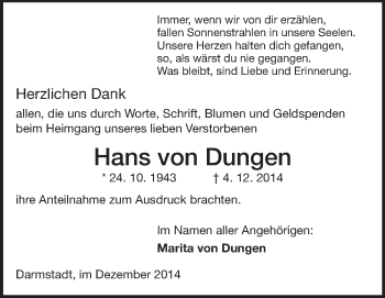 Traueranzeige von Hans von Dungen von Echo-Zeitungen (Gesamtausgabe)