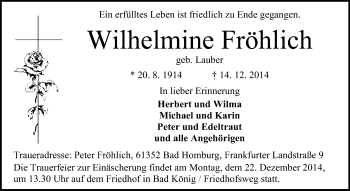 Traueranzeige von Wilhelmine Fröhlich von Odenwälder Echo