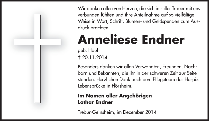 Traueranzeige für Anneliese Endner vom 20.12.2014 aus Rüsselsheimer Echo, Groß-Gerauer-Echo, Ried Echo