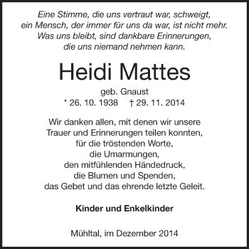 Traueranzeige von Heidi Mattes von Echo-Zeitungen (Gesamtausgabe)