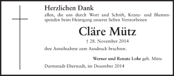 Traueranzeige von Cläre Mütz von Echo-Zeitungen (Gesamtausgabe)