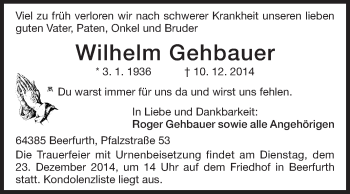 Traueranzeige von Wilhelm Gehbauer von Odenwälder Echo