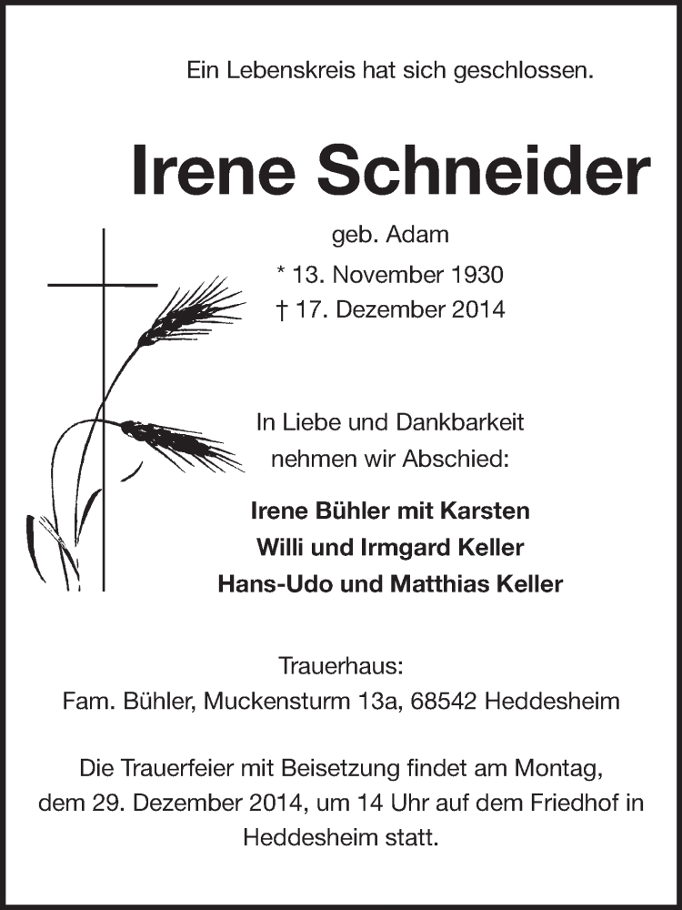  Traueranzeige für Irene Schneider vom 23.12.2014 aus Echo-Zeitungen (Gesamtausgabe)