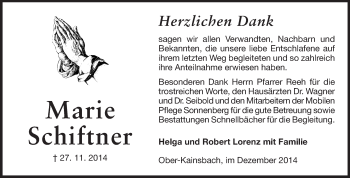 Traueranzeige von Marie Schiftner von Odenwälder Echo