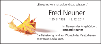 Traueranzeige von Fred Neuner von Echo-Zeitungen (Gesamtausgabe)