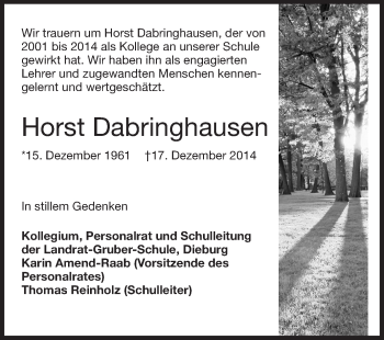 Traueranzeige von Horst Dabringhausen von Echo-Zeitungen (Gesamtausgabe)