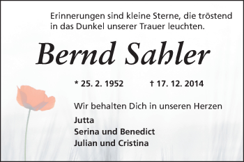 Traueranzeige von Bernd Sahler von Rüsselsheimer Echo, Groß-Gerauer-Echo, Ried Echo