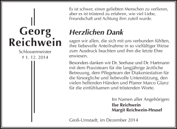 Traueranzeige von Georg Reichwein von Echo-Zeitungen (Gesamtausgabe)