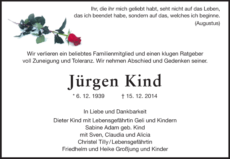  Traueranzeige für Jürgen Kind vom 23.12.2014 aus Echo-Zeitungen (Gesamtausgabe)