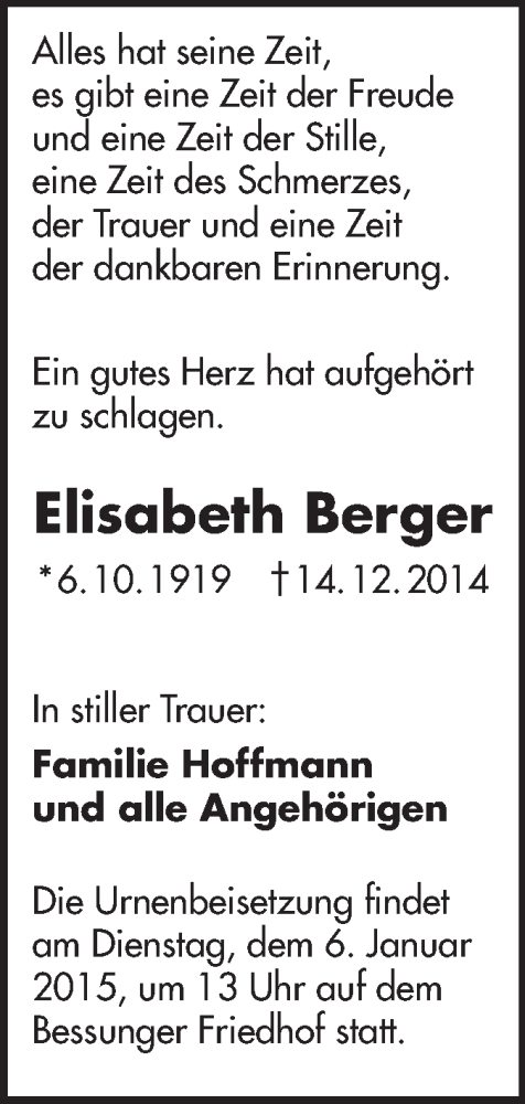 Traueranzeige für Elisabeth Berger vom 27.12.2014 aus Echo-Zeitungen (Gesamtausgabe)