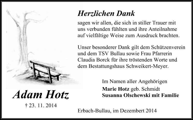  Traueranzeige für Adam Hotz vom 22.12.2014 aus Odenwälder Echo