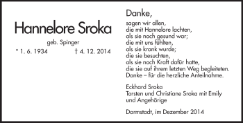 Traueranzeige von Hannelore Sroka von Echo-Zeitungen (Gesamtausgabe)