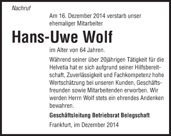 Traueranzeige von Hans-Uwe Wolf von Echo-Zeitungen (Gesamtausgabe)