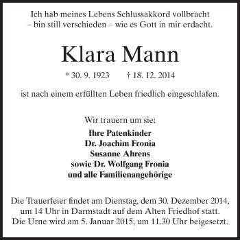 Traueranzeige von Klara Mann von Echo-Zeitungen (Gesamtausgabe)