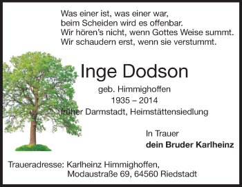 Traueranzeige von Inge Dodson von Rüsselsheimer Echo, Groß-Gerauer-Echo, Ried Echo
