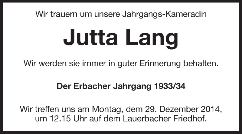  Traueranzeige für Jutta Lang vom 24.12.2014 aus Odenwälder Echo