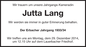 Traueranzeige von Jutta Lang von Odenwälder Echo
