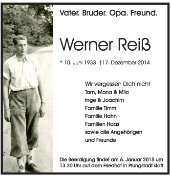 Traueranzeige von Werner Reiß von Echo-Zeitungen (Gesamtausgabe)