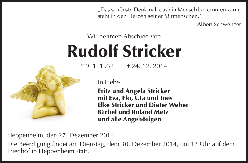  Traueranzeige für Rudolf Stricker vom 27.12.2014 aus Starkenburger Echo