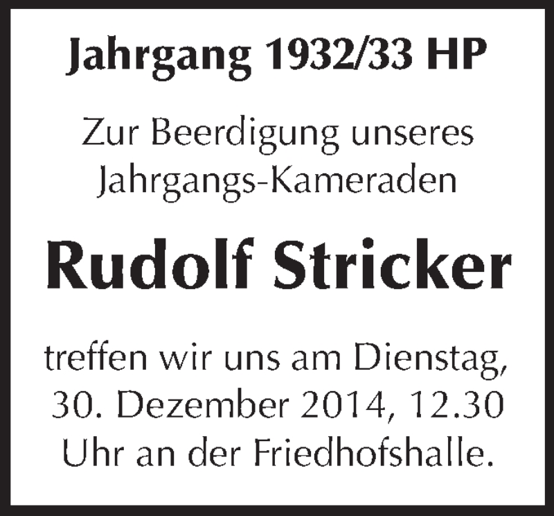  Traueranzeige für Rudolf Stricker vom 29.12.2014 aus Starkenburger Echo