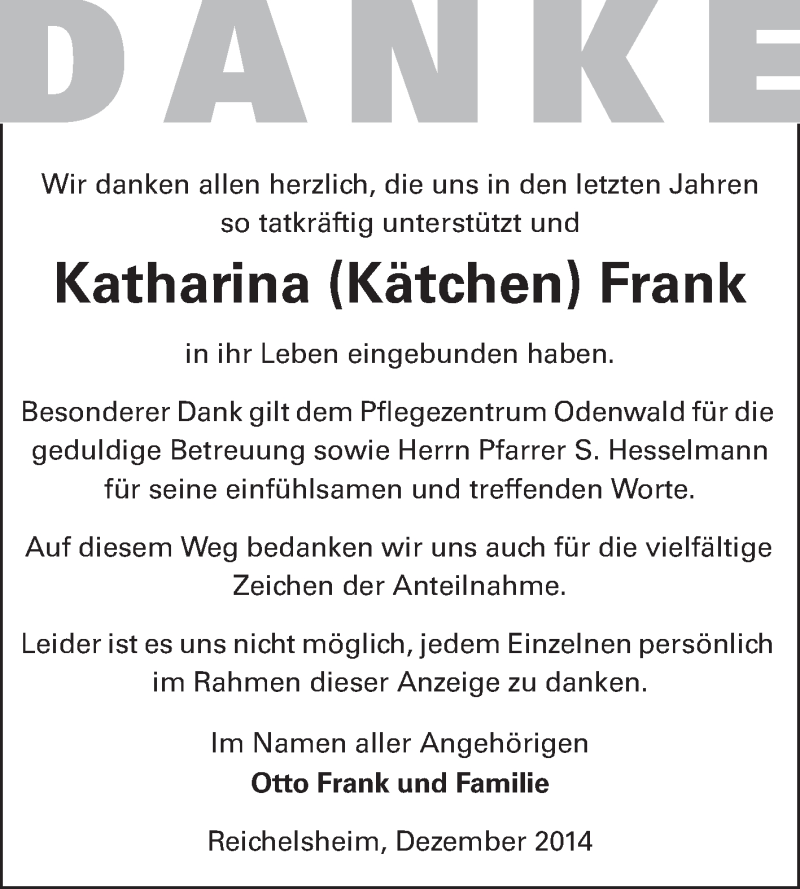  Traueranzeige für Katharina Frank vom 03.01.2015 aus Odenwälder Echo