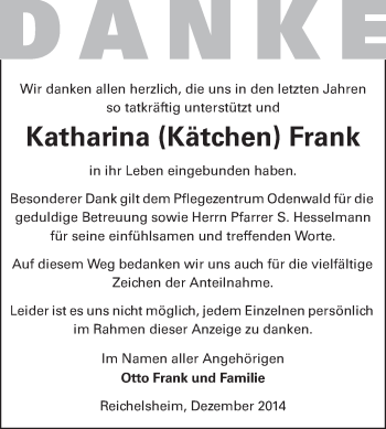 Traueranzeige von Katharina Frank von Odenwälder Echo