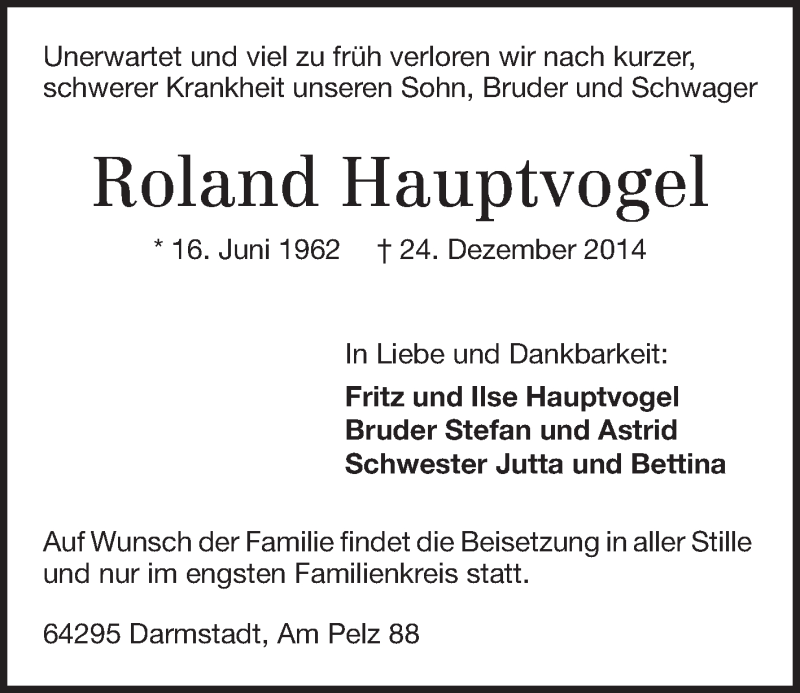 Traueranzeige für Roland Hauptvogel vom 03.01.2015 aus Echo-Zeitungen (Gesamtausgabe)
