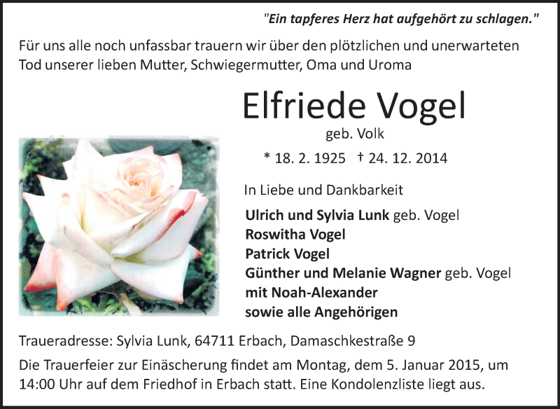  Traueranzeige für Elfriede Vogel vom 31.12.2014 aus Odenwälder Echo