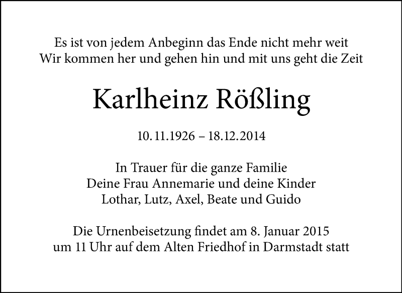  Traueranzeige für Karlheinz Rößling vom 30.12.2014 aus Echo-Zeitungen (Gesamtausgabe)