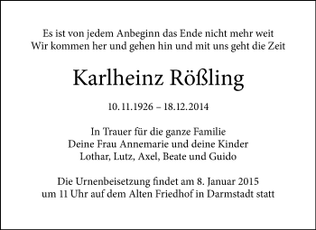 Traueranzeige von Karlheinz Rößling von Echo-Zeitungen (Gesamtausgabe)