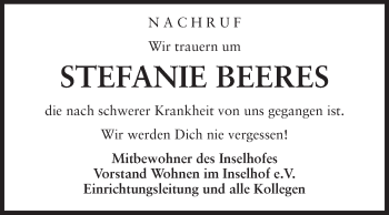 Traueranzeige von Stefanie Beeres von Rüsselsheimer Echo, Groß-Gerauer-Echo, Ried Echo