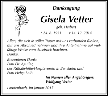 Traueranzeige von Gisela Vetter von Starkenburger Echo