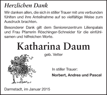 Traueranzeige von Katharina Daum von Echo-Zeitungen (Gesamtausgabe)