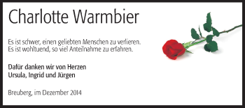 Traueranzeige von Charlotte Warmbier von Odenwälder Echo