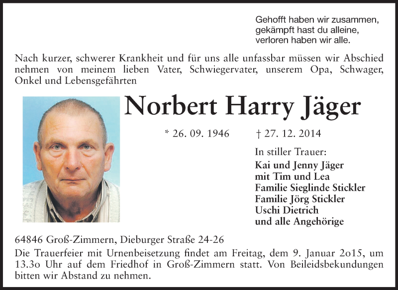  Traueranzeige für Norbert Harry Jäger vom 03.01.2015 aus Echo-Zeitungen (Gesamtausgabe)