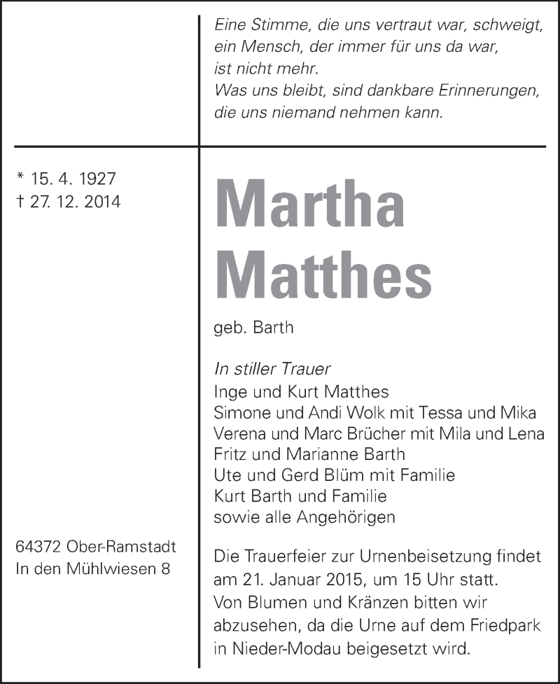  Traueranzeige für Martha Matthes vom 03.01.2015 aus Echo-Zeitungen (Gesamtausgabe)