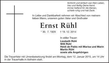 Traueranzeige von Ernst Rühl von Rüsselsheimer Echo, Groß-Gerauer-Echo, Ried Echo