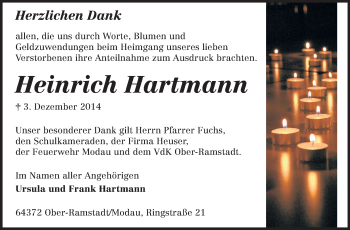 Traueranzeige von Heinrich Hartmann von Echo-Zeitungen (Gesamtausgabe)