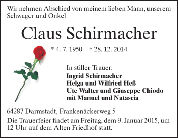 Traueranzeige von Claus Schirmacher von Echo-Zeitungen (Gesamtausgabe)