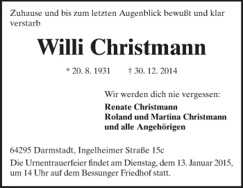 Traueranzeige von Willi Christmann von Echo-Zeitungen (Gesamtausgabe)