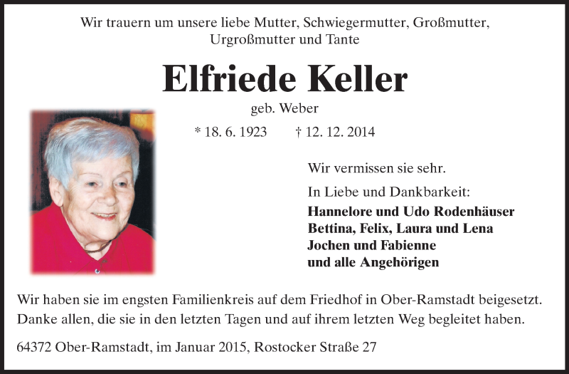  Traueranzeige für Elfriede Keller vom 03.01.2015 aus Echo-Zeitungen (Gesamtausgabe)