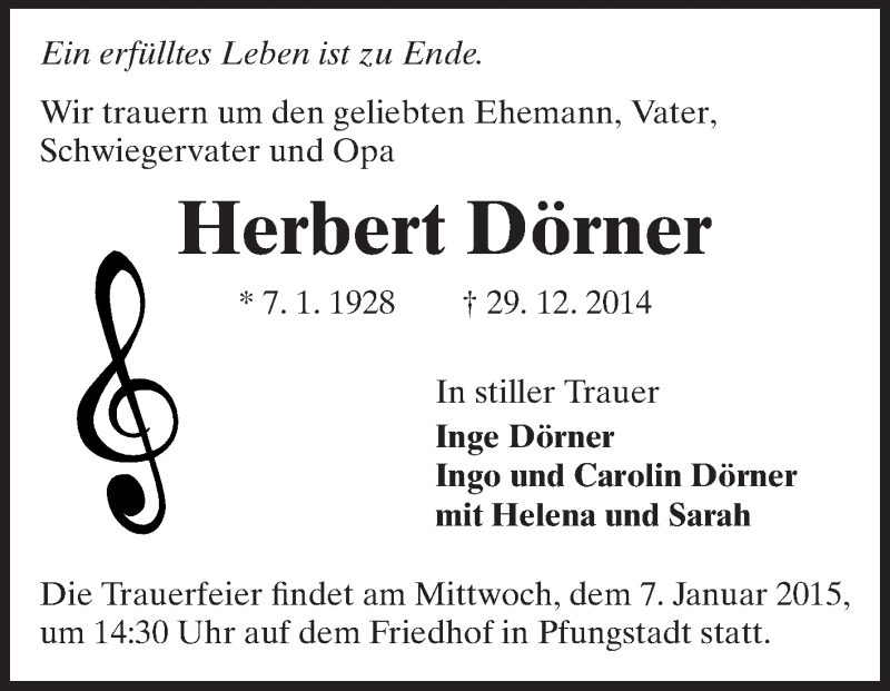  Traueranzeige für Herbert Dörner vom 03.01.2015 aus Echo-Zeitungen (Gesamtausgabe)
