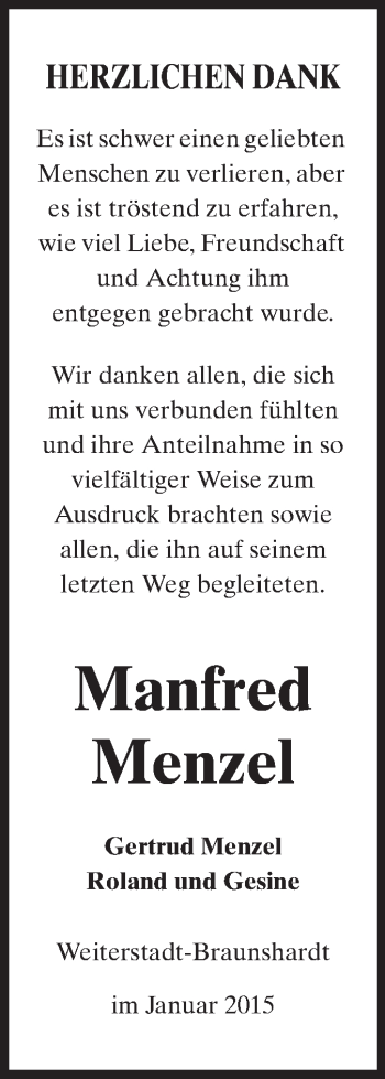 Traueranzeige von Manfred Menzel von Echo-Zeitungen (Gesamtausgabe)