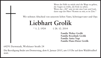 Traueranzeige von Liebhart Grolik von Echo-Zeitungen (Gesamtausgabe)
