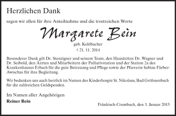Traueranzeige von Margarete Bein von Odenwälder Echo