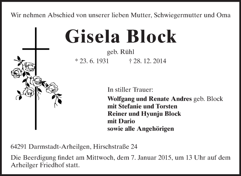  Traueranzeige für Gisela Block vom 03.01.2015 aus Echo-Zeitungen (Gesamtausgabe)