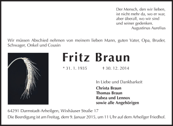 Traueranzeige von Fritz Braun von Echo-Zeitungen (Gesamtausgabe)
