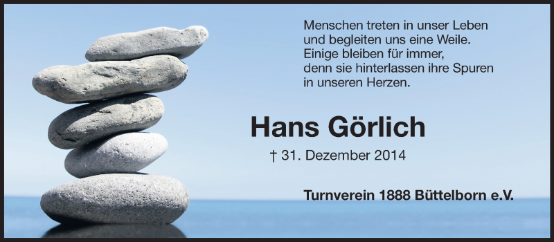  Traueranzeige für Hans Görlich vom 07.01.2015 aus Rüsselsheimer Echo, Groß-Gerauer-Echo, Ried Echo