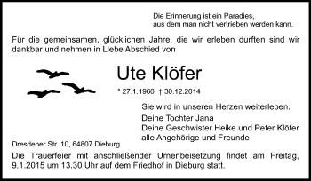 Traueranzeige von Ute Klöfer von Echo-Zeitungen (Gesamtausgabe)