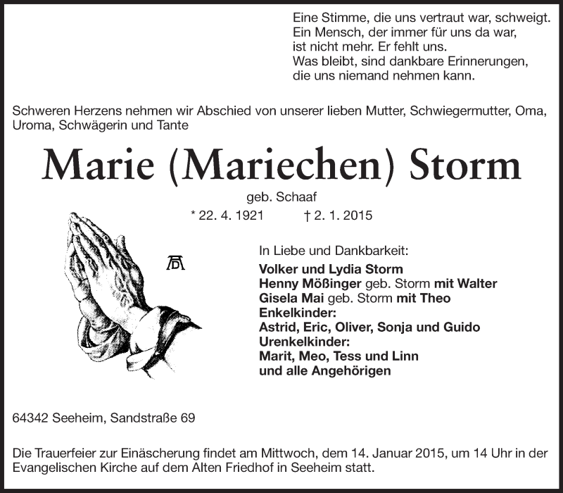  Traueranzeige für Marie (Mariechen) Storm vom 05.01.2015 aus Echo-Zeitungen (Gesamtausgabe)